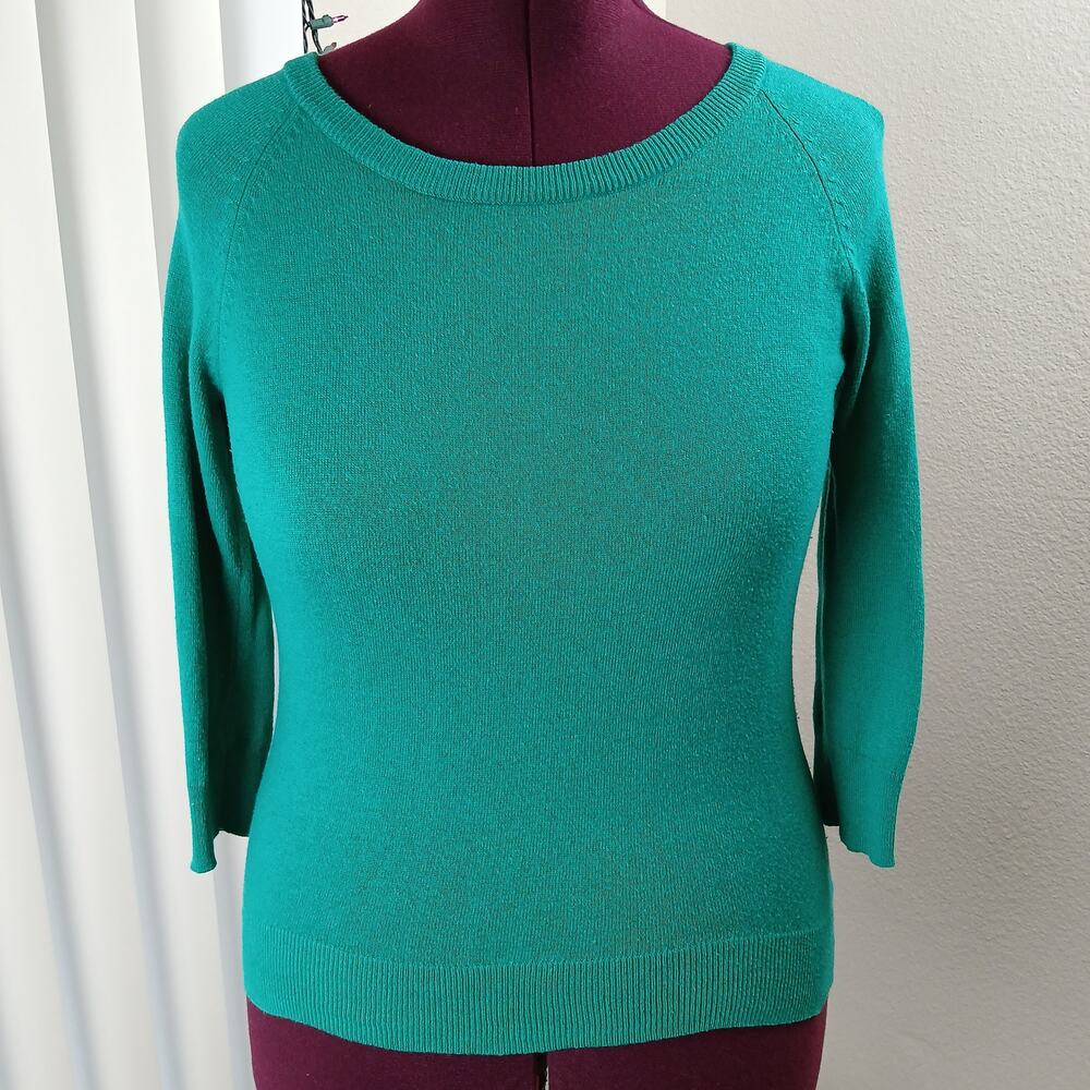 JCPenney Cashmere Blend Green Pullover Sweater S crew raglan 3/4 length sleeves - Picture 5 of 14